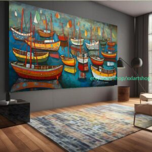 Großes Segelboot-Party-Kunstwerk auf Leinwand, farbenfrohe Segelboote und Hafenmalerei, maritime Landschaftskunst, Sommer l330