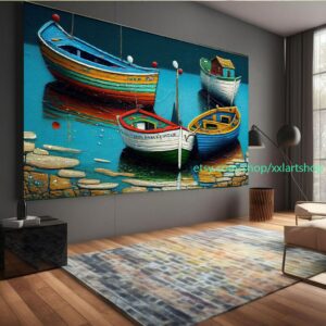 Boote Party Kunst auf Leinwand Bunte Boote & Hafen Gemälde Nautische Landschaft Kunstwerk Sommer l334