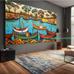 Boote Party Kunst auf Leinwand Bunte Boote & Hafen Gemälde Nautische Landschaft Kunstwerk Sommer l335