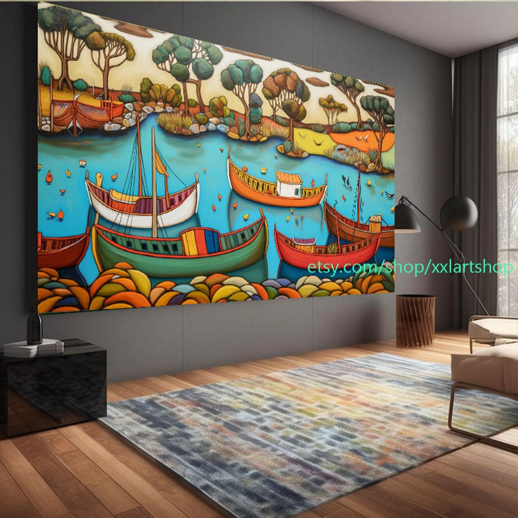 Boote Party Kunst auf Leinwand Bunte Boote & Hafen Gemälde Nautische Landschaft Kunstwerk Sommer l335