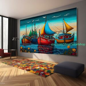 Großes Segelboot-Party-Kunstwerk auf Leinwand, farbenfrohe Segelboote und Hafenmalerei, maritime Landschaftskunst, Sommer l344