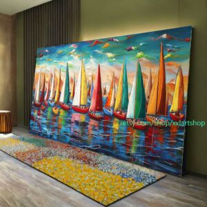 Segelboote versammeln sich in der Hafenlandschaft. Kunstwerk, abstraktes Gemälde mit Booten, nautische Wandkunst l305