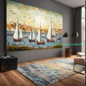 Originales Kunstwerk: Segelboote versammeln sich in der Hafenlandschaft, großes abstraktes Gemälde mit Segelbooten, nautische Wandkunst l312f