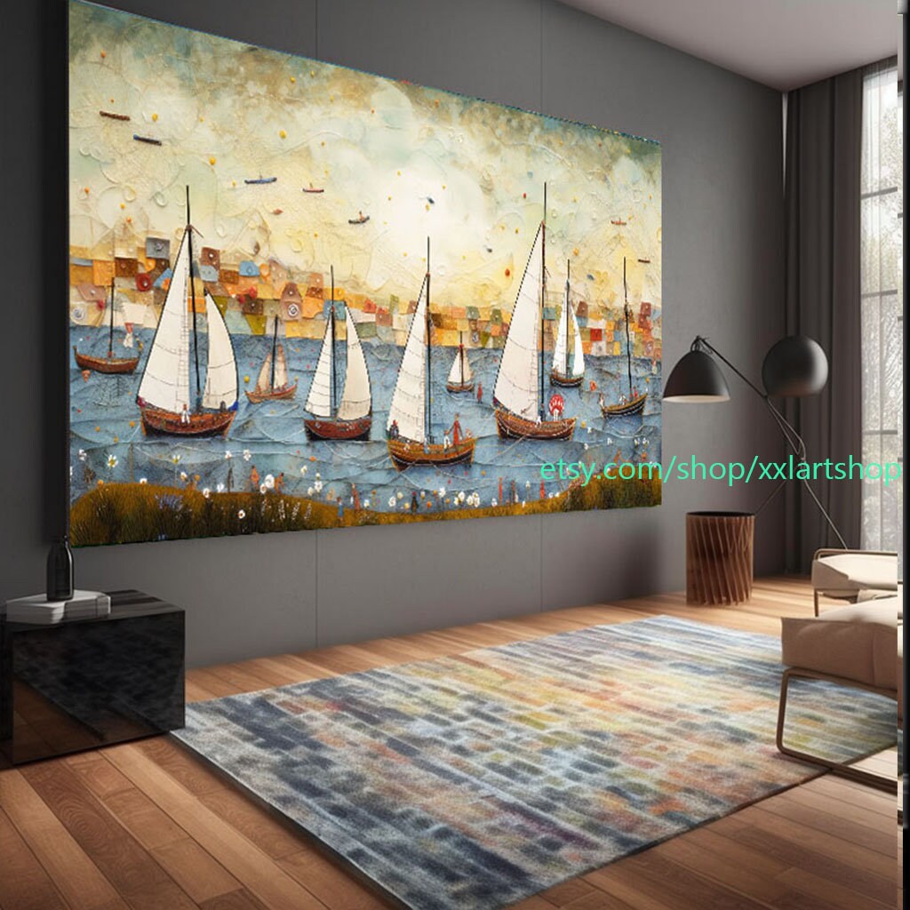 Originales Kunstwerk: Segelboote versammeln sich in der Hafenlandschaft, großes abstraktes Gemälde mit Segelbooten, nautische Wandkunst l312f
