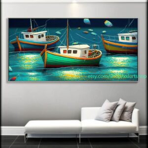 Boote versammeln sich in der Hafenlandschaft. Kunstwerk, großformatige abstrakte Kunst, maritime Wandkunst l346