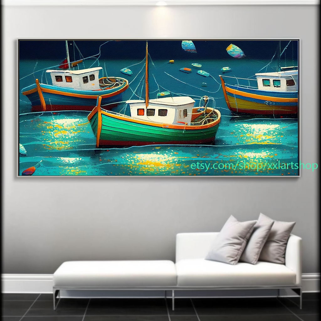 Boote versammeln sich in der Hafenlandschaft. Kunstwerk, großformatige abstrakte Kunst, maritime Wandkunst l346