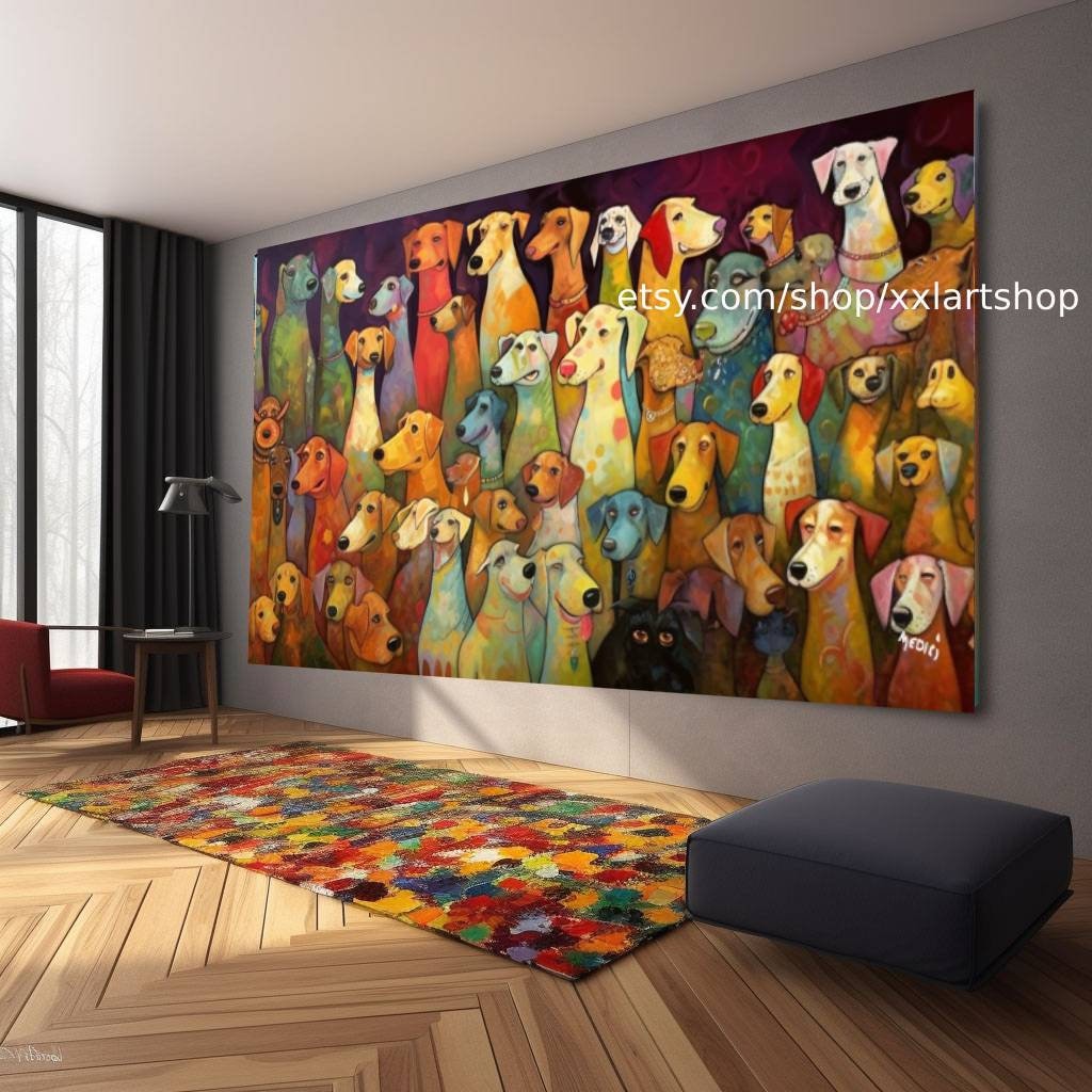Leinwandbild mit einer großen Hundegruppe im Stil figurativer Pop-Art-Werke, in dunklem Bernstein und Grün, #ti2-18