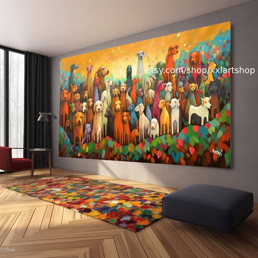 Leinwandbild mit einer großen Hundegruppe im Stil figurativer Pop-Art-Werke, in Dunkelbernstein und Grün, #ti2-19