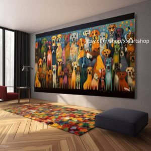 Leinwandbild mit einer großen Hundegruppe im Stil figurativer Pop-Art-Werke, in Dunkelbernstein und Grün, #ti2-20