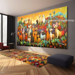 Leinwandbild, eine große Gruppe von Hunden, im Stil figurativer Pop-Art-Werke, in dunklem Bernstein und Grün, #ti2-21