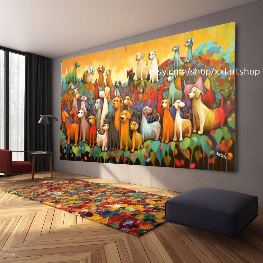 Leinwandbild, eine große Gruppe von Hunden, im Stil figurativer Pop-Art-Werke, in dunklem Bernstein und Grün, #ti2-21