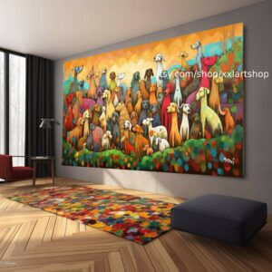 Leinwandbild, eine große Gruppe von Hunden, im Stil figurativer Pop-Art-Werke, in dunklem Bernstein und Grün, #ti2-22