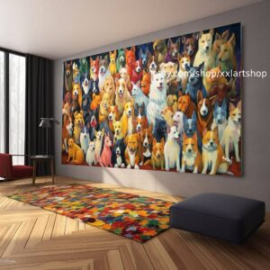 Leinwandbild, eine große Hundegruppe, im Stil figurativer Pop-Art-Werke, in dunklem Bernstein und Grün, #ti2-24