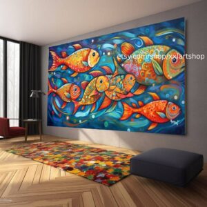 Leinwandbild, leuchtende tropische Fische auf blauem Hintergrund, im Stil von Hellrot und Hellaquamarin #ti2-27