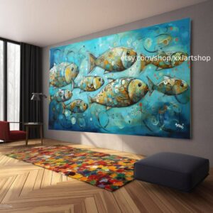 Leinwandbild, leuchtende tropische Fische auf blauem Hintergrund, im Stil von Hellrot und Hellaquamarin #ti2-30