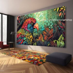 Illustration eines farbenprächtigen Vogels, der in einem alten Baum sitzt, im Stil psychedelischer Klanglandschaften, Junglepunk #ti2-102