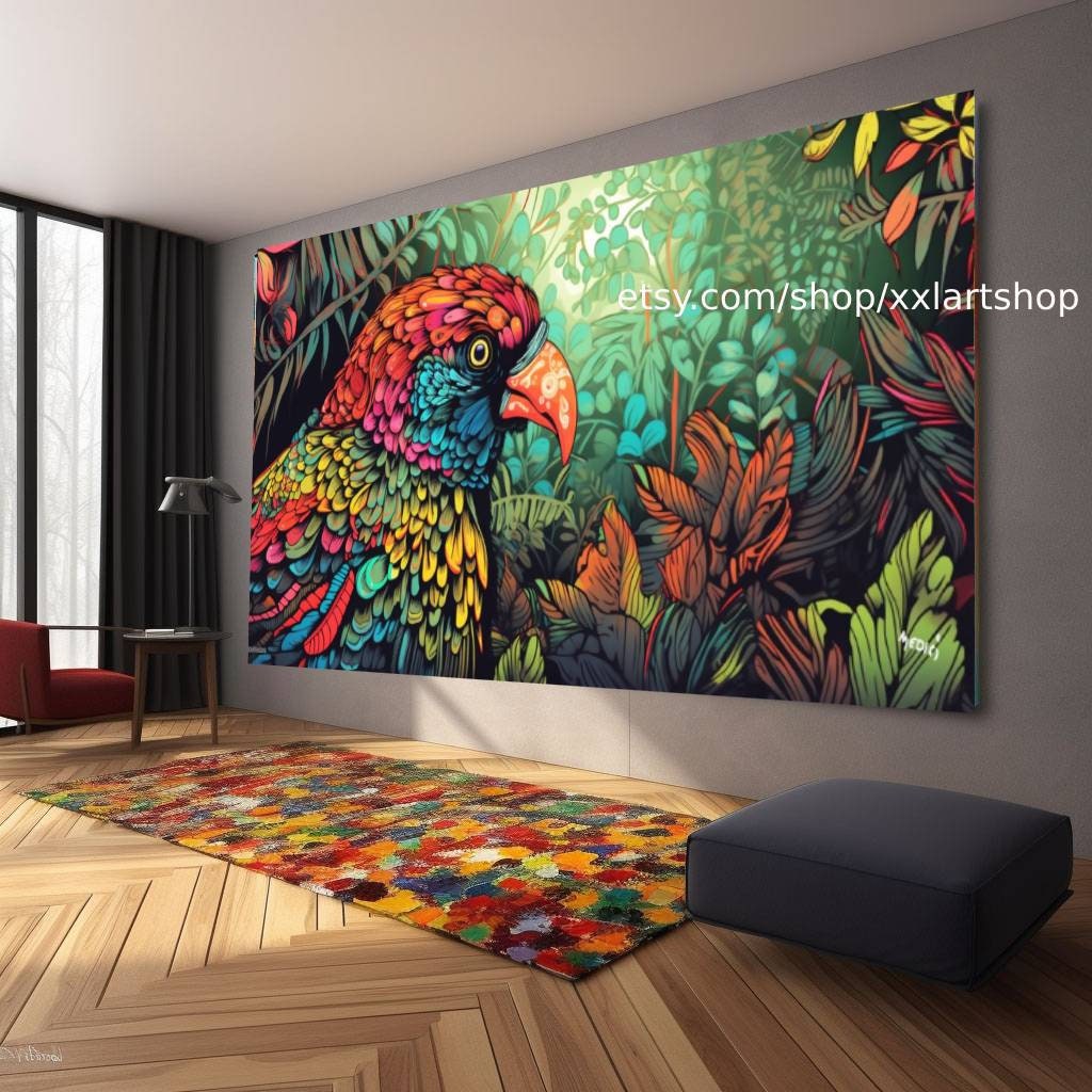 Illustration eines farbenprächtigen Vogels, der in einem alten Baum sitzt, im Stil psychedelischer Klanglandschaften, Junglepunk #ti2-102