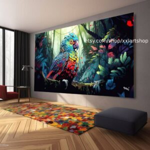 Illustration eines farbenprächtigen Vogels, der in einem alten Baum sitzt, im Stil psychedelischer Klanglandschaften, Junglepunk #ti2-103
