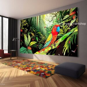 Illustration eines farbenprächtigen Vogels, der in einem alten Baum sitzt, im Stil psychedelischer Klanglandschaften, Junglepunk #ti2-105