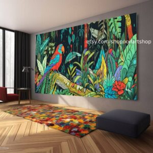 Illustration eines farbenprächtigen Vogels, der in einem alten Baum sitzt, im Stil psychedelischer Klanglandschaften, Junglepunk #ti2-106