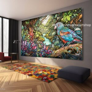 Illustration eines bunten Vogels, der in einem alten Baum sitzt, im Stil psychedelischer Klanglandschaften, Junglepunk #ti2-107