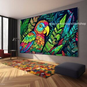 Illustration eines farbenprächtigen Vogels, der in einem alten Baum sitzt, im Stil psychedelischer Klanglandschaften, Junglepunk #ti2-108