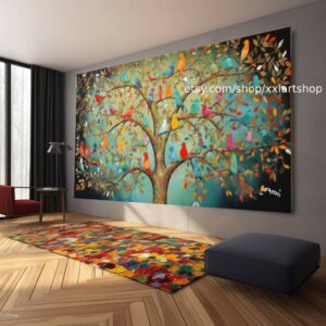 Baum-Vögel-Natur-Wandbild auf Leinwand, modernes Bild für Wohnzimmer und Büro, auf Keilrahmen gespannt oder gerollt #ti898