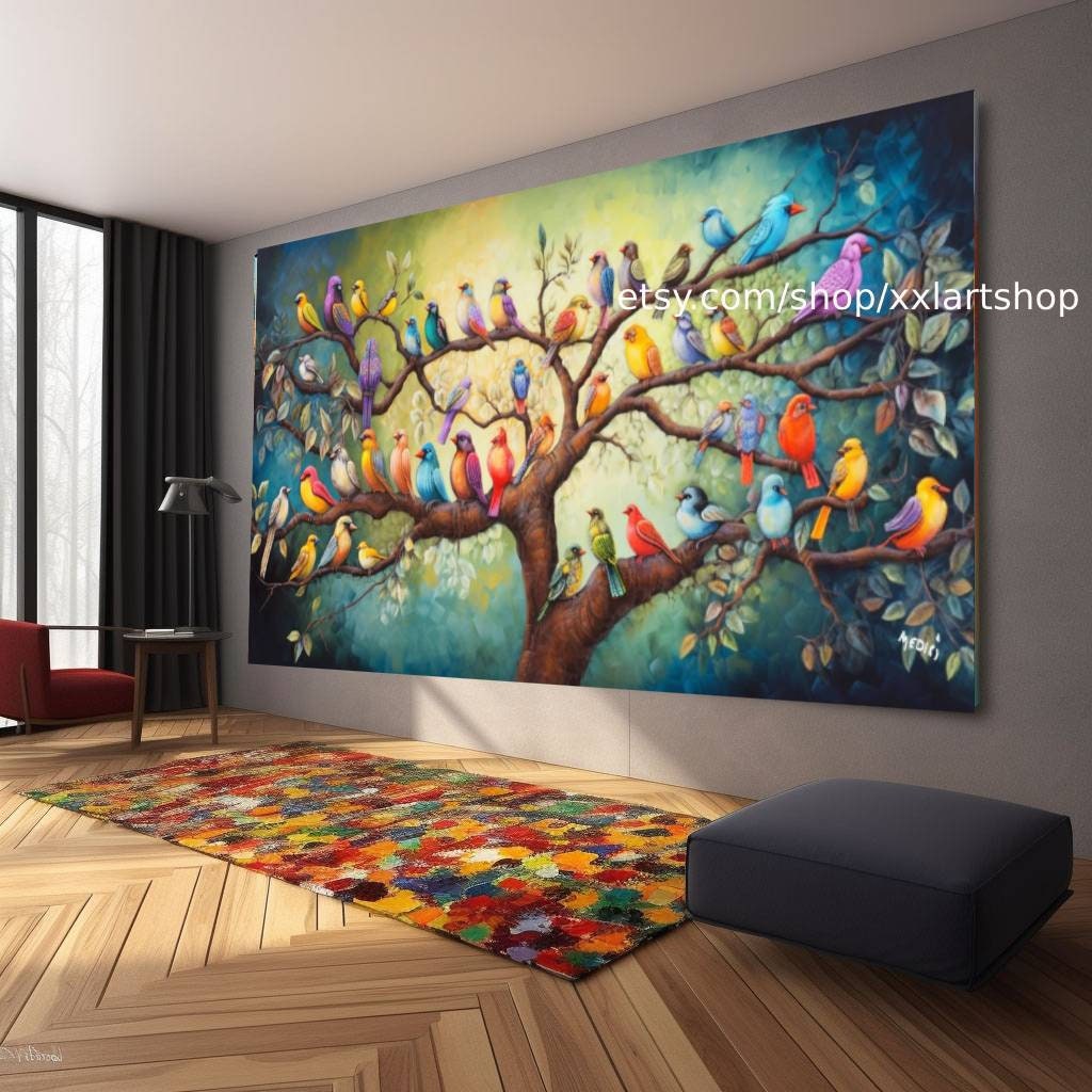 Baum-Vögel-Natur-Wandbild auf Leinwand, modernes Bild für Wohnzimmer und Büro, auf Keilrahmen gespannt oder gerollt #ti902a
