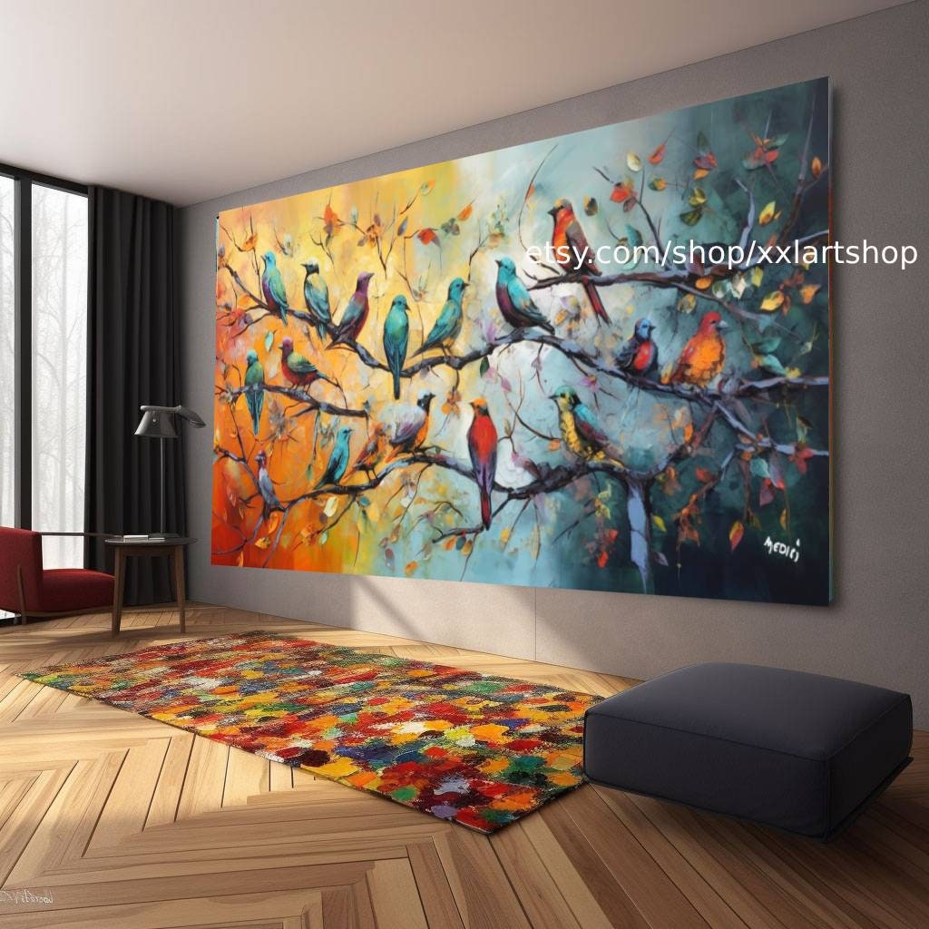 Baum-Vögel-Natur-Wandbild auf Leinwand, modernes Bild für Wohnzimmer und Büro, auf Keilrahmen gespannt oder gerollt #ti903a