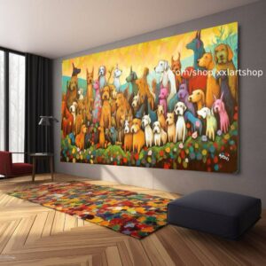 Leinwandbild, eine große Gruppe von Hunden, im Stil figurativer Pop-Art-Werke, in dunklem Bernstein und Grün, #ti2-23