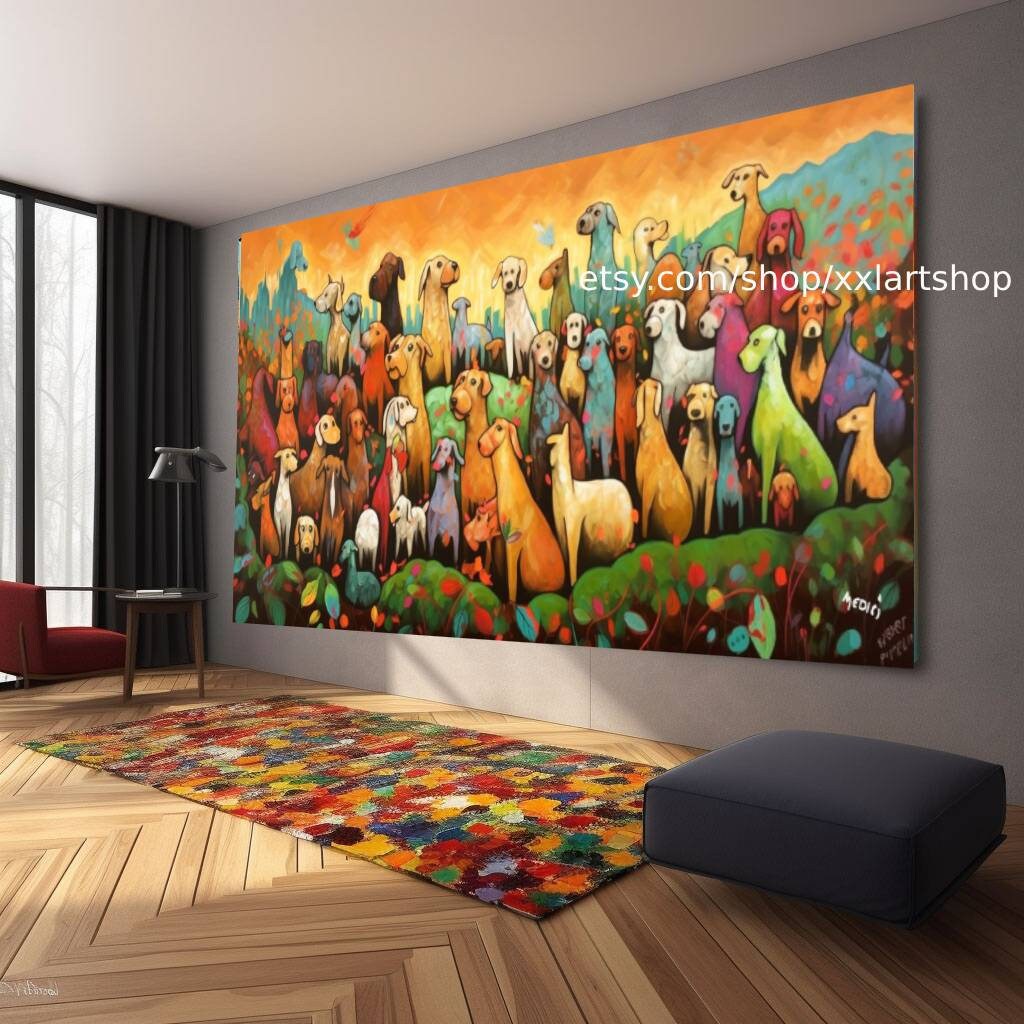Leinwandbild mit einer großen Hundegruppe im Stil figurativer Pop-Art-Werke, in dunklem Bernstein und Grün, #ti2-25