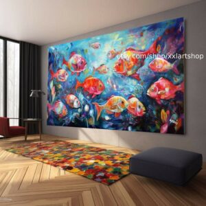 Leinwandbild, leuchtende tropische Fische auf blauem Hintergrund, im Stil von Hellrot und Hellaquamarin #ti2-26
