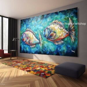 Leinwandbild, leuchtende tropische Fische auf blauem Hintergrund, im Stil von Hellrot und Hellaquamarin #ti2-28