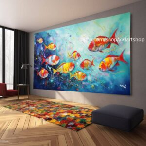Leinwandbild, leuchtende tropische Fische auf blauem Hintergrund, im Stil von Hellrot und Hellaquamarin #ti2-29