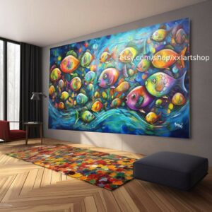 Leinwandbild, leuchtende tropische Fische auf blauem Hintergrund, im Stil von Hellrot und Hellaquamarin #ti2-31