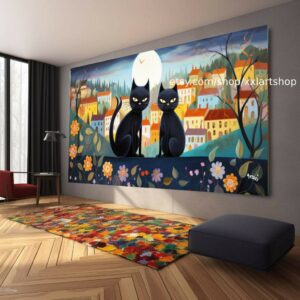 Verspieltes Stadtbild auf Leinwand: Stadt, Katzen, romantisches Mondlicht, dunkle Bernstein- und Grüntöne, #ti2-62