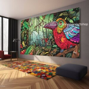 Illustration eines farbenprächtigen Vogels, der in einem alten Baum sitzt, im Stil psychedelischer Klanglandschaften, Junglepunk #ti2-98