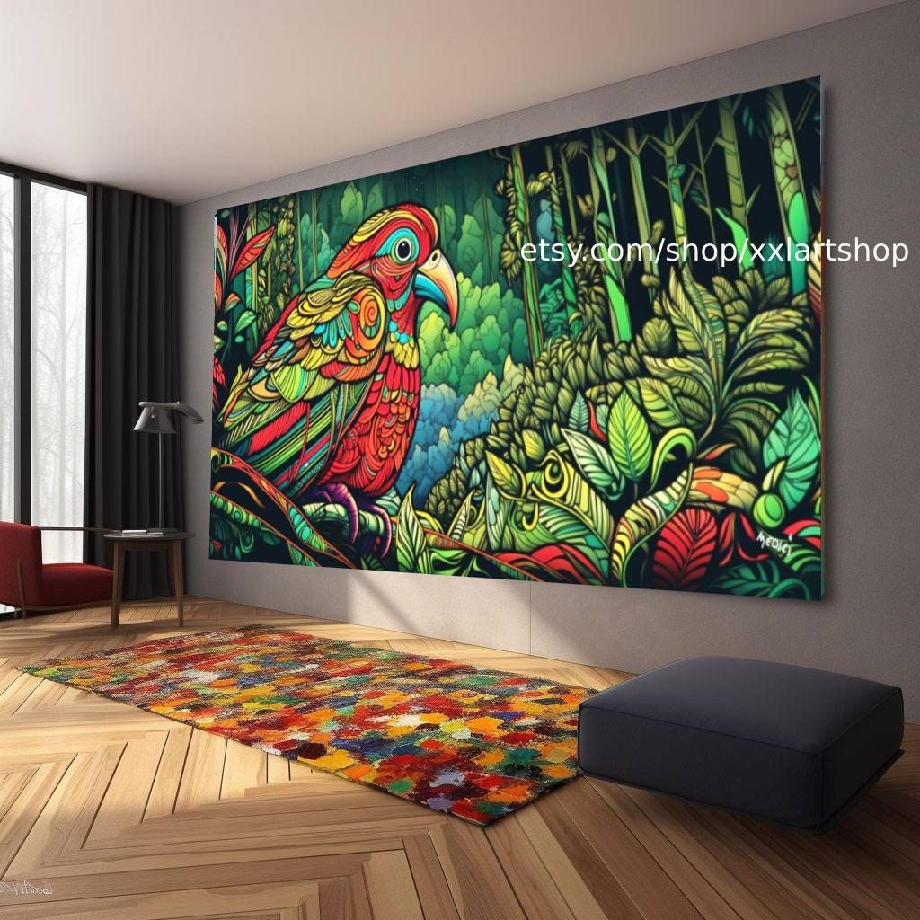 Illustration eines farbenprächtigen Vogels, der in einem alten Baum sitzt, im Stil psychedelischer Klanglandschaften, Junglepunk #ti2-99