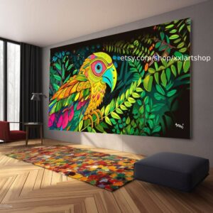 Illustration eines bunten Vogels, der in einem alten Baum sitzt, im Stil psychedelischer Klanglandschaften, Junglepunk #ti2-100