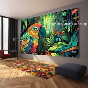 Illustration eines farbenprächtigen Vogels, der in einem alten Baum sitzt, im Stil psychedelischer Klanglandschaften, Junglepunk #ti2-104