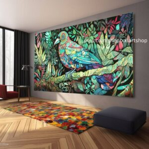Illustration eines farbenprächtigen Vogels, der in einem alten Baum sitzt, im Stil psychedelischer Klanglandschaften, Junglepunk #ti2-109