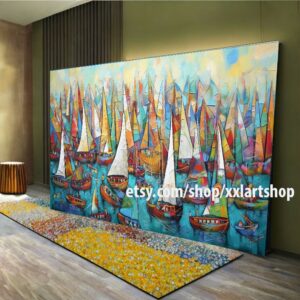 Großes Segelboot-Party-Kunstwerk auf Leinwand, farbenfrohe Segelboote und Hafenmalerei, maritime Landschaftskunst, Sommer l308