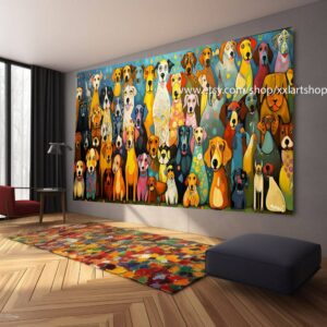 Leinwandbild mit einer großen Hundegruppe im Stil figurativer Pop-Art-Werke, in dunklem Bernstein und Grün, #ti2-17