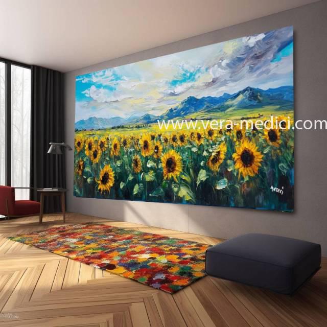 Landschafts-Sonnenblumen-Wandbild, großes Leinwandbild, modernes Bild für Wohnzimmer und Büro, auf Keilrahmen gespannt oder gerollt #M31