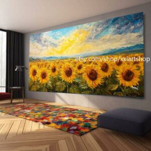 Großes Wandbild „Sonnenblumenlandschaft“ auf Leinwand, modernes Bild für Wohnzimmer und Büro, auf Keilrahmen gespannt oder gerollt #M33