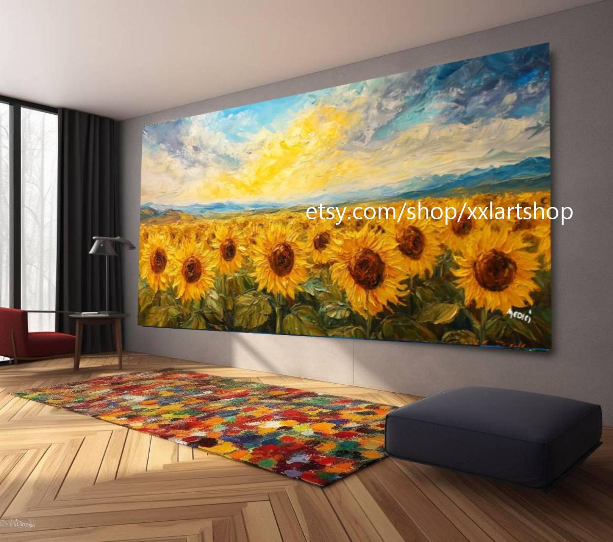 Großes Wandbild „Sonnenblumenlandschaft“ auf Leinwand, modernes Bild für Wohnzimmer und Büro, auf Keilrahmen gespannt oder gerollt #M33