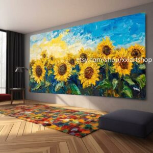 Landschaftsbild mit Sonnenblumen, großes Wandbild auf Leinwand, modernes Bild für Wohnzimmer und Büro, auf Keilrahmen gespannt oder gerollt #M35