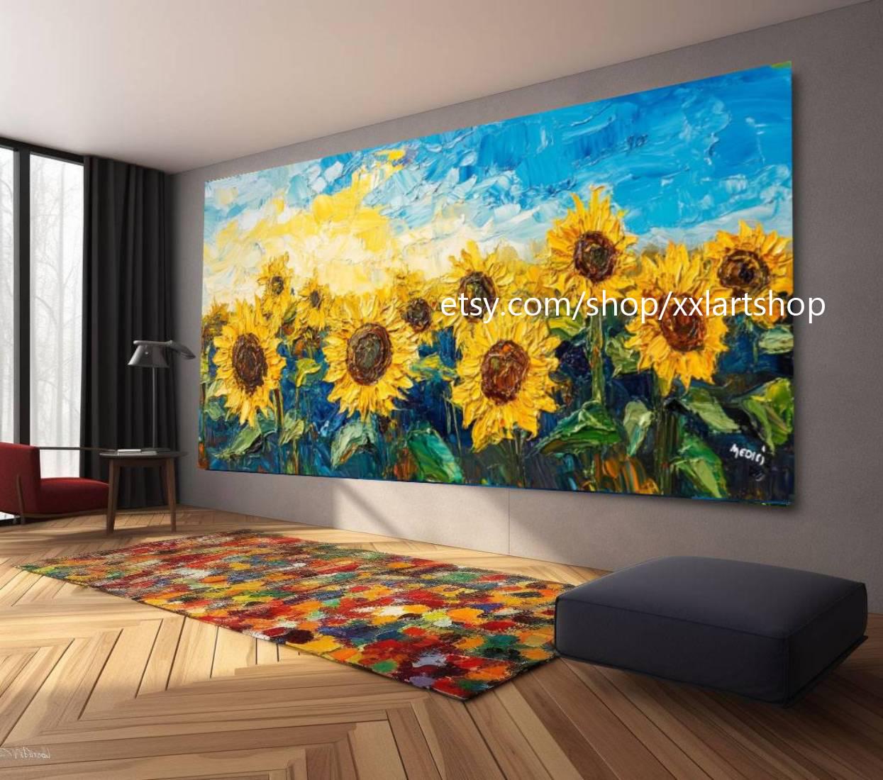Landschaftsbild mit Sonnenblumen, großes Wandbild auf Leinwand, modernes Bild für Wohnzimmer und Büro, auf Keilrahmen gespannt oder gerollt #M35