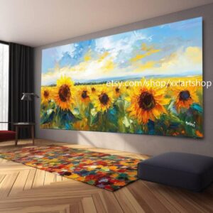 Großes Wandbild „Sonnenblumenlandschaft“, Leinwanddruck, modernes Bild für Wohnzimmer und Büro, auf Keilrahmen gespannt oder gerollt #M36