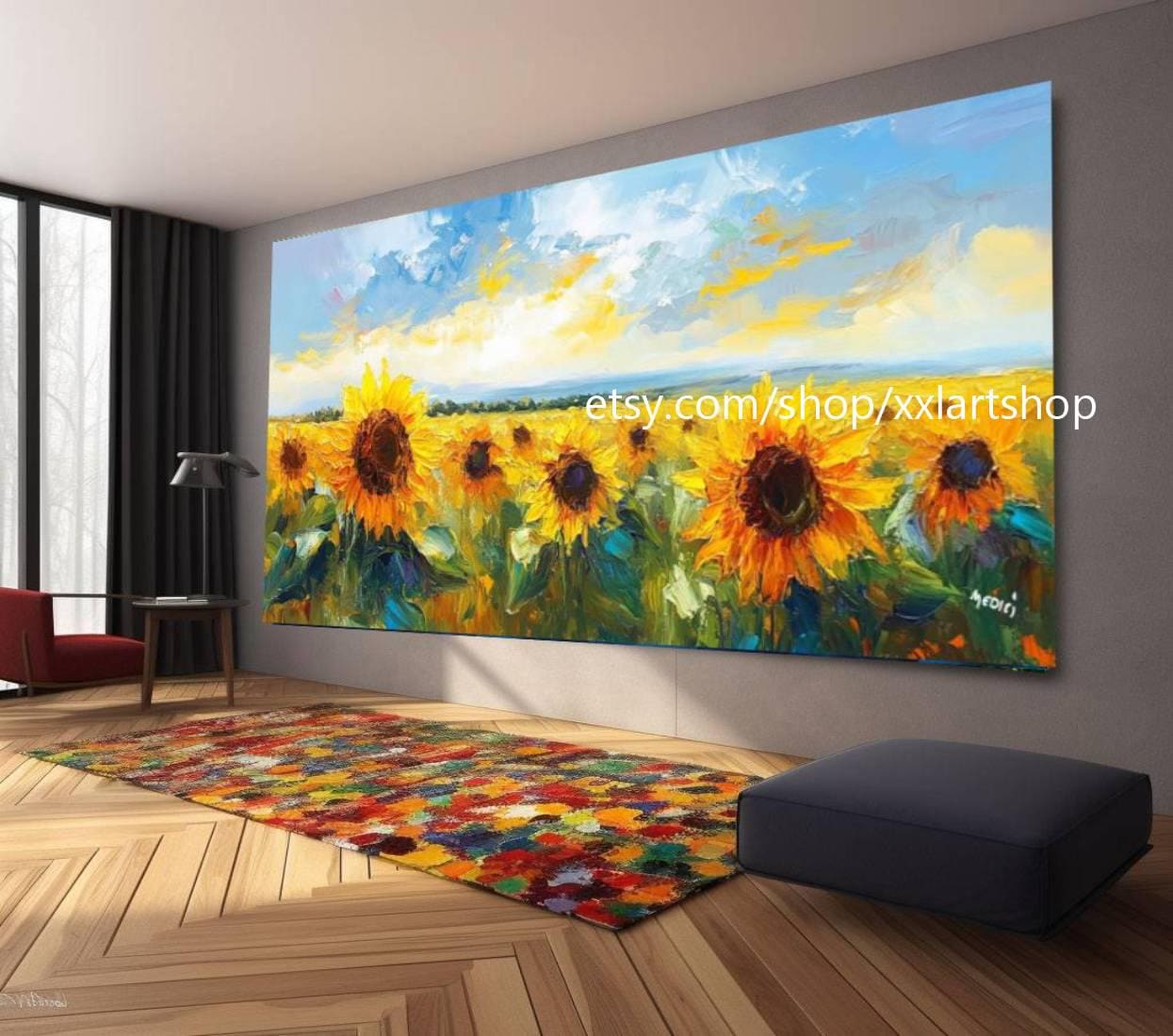 Großes Wandbild „Sonnenblumenlandschaft“, Leinwanddruck, modernes Bild für Wohnzimmer und Büro, auf Keilrahmen gespannt oder gerollt #M36